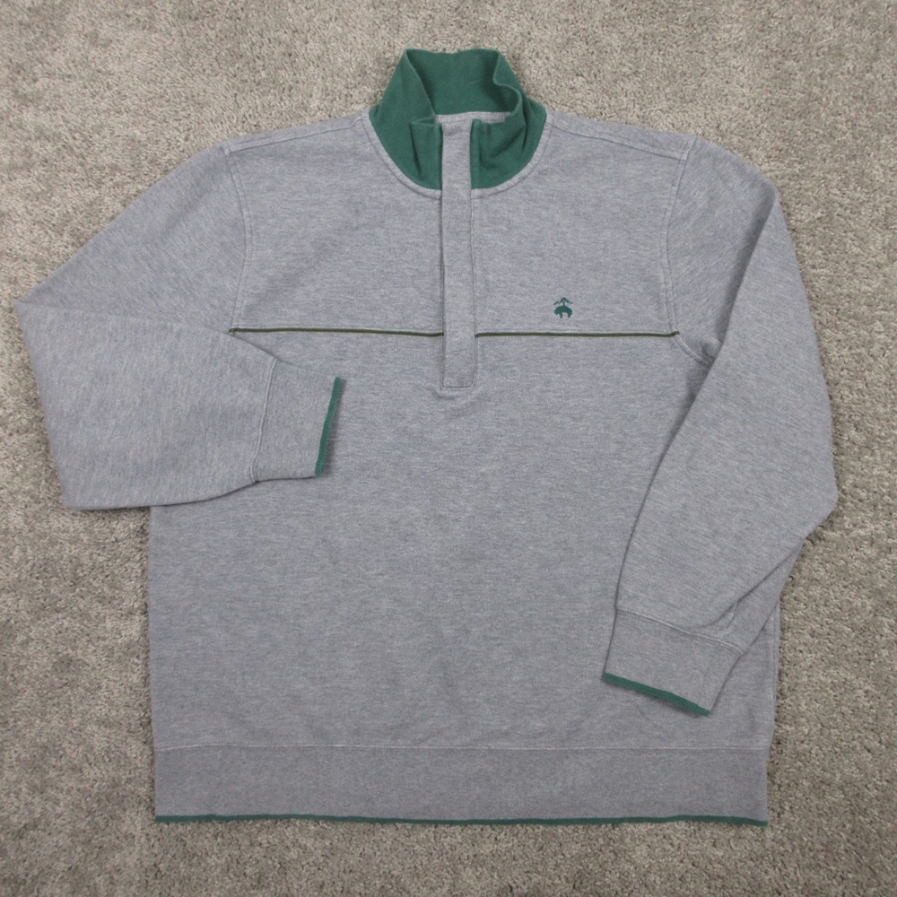 Brooks Brother Sweater Mens XL Gray Green Sheep Logo Fleece Quarter Zip Pullover